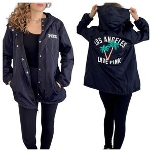 Victoria’s Secret LOS ANGELES LOVE PINK Black Windbreaker Hooded Snap Jacket SP